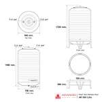 AR-500 แท้งค์น้ำสแตนเลส ความจุ : 500 ลิตร  เส้นผ่านศูนย์กลาง : 0.73 ม.  ความสูงของตัวถัง : 1.46 ม.  ความสูงขาตั้ง : 0.33 ม.  ความสูงรวมทั้งหมด : 1.68 ม. ทางน้ำเข้า : Ø 3/4" (นิ้วแป๊บ)  ทางน้ำออก : Ø 1" (นิ้วแป๊บ)
