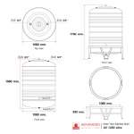 AV 1250 แท้งค์น้ำสแตนเลส ความจุ : 1250 ลิตร  เส้นผ่านศูนย์กลาง : 1.11 ม.  ความสูงของตัวถัง : 1.56 ม.  ความสูงขาตั้ง : 0.33 ม.  ความสูงรวมทั้งหมด : 1.73 ม. ทางน้ำเข้า : Ø 3/4" (นิ้วแป๊บ)  ทางน้ำออก : Ø 1" (นิ้วแป๊บ)