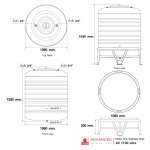 AV 1100 แท้งค์น้ำสแตนเลส ความจุ : 1100 ลิตร  เส้นผ่านศูนย์กลาง : 1.11 ม.  ความสูงของตัวถัง : 1.34 ม.  ความสูงขาตั้ง : 0.33 ม.  ความสูงรวมทั้งหมด : 1.51 ม. ทางน้ำเข้า : Ø 3/4" (นิ้วแป๊บ)  ทางน้ำออก : Ø 1" (นิ้วแป๊บ)