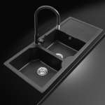 EVE ซิงค์ล้างจาน 2 หลุม 1 ที่พัก หินแกรนิตสีดำ + ก๊อกน้ำ AZTAC ll BLACK (หลุมซ้าย ที่พักขวา)